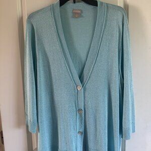 Chico’s 3/4 Sleeve Blue Sparkle button Open Front Cardigan Size XL